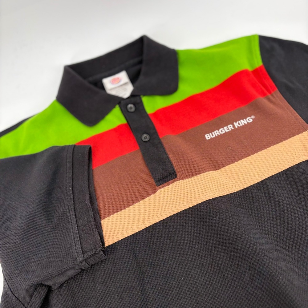 VTG Burger King Employee M Color Block Black Striped Short Sleeve Polo Shirt